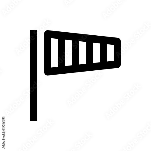 A simple black windsock icon with a pole and striped fabric indicating wind direction and strength indicator