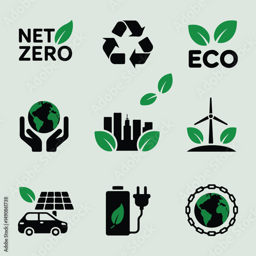 Collection of eco friendly icons net zero green energy sustainability symbols