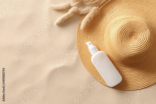 sunhat and sunscreen bottle placed on minimalist sand surface with abundant copy space for text placement