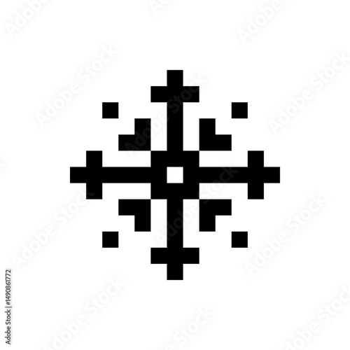 Black pixelated snowflake with symmetrical design and a small white square at the center on a white background