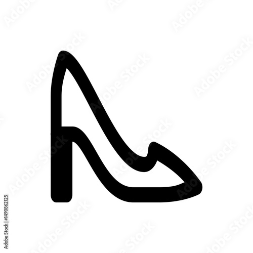 Illustration of a high heel shoe with a thick outline and a pointed toe design in a simple black and white style