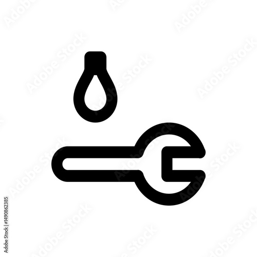 Illustration of a wrench tool and a water drop in black outline representing plumbing or repair services