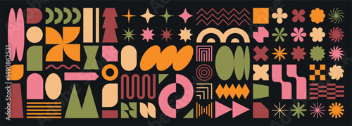Abstract shape element icon set. Brutalist geometric grid forms for background design. Vector retro simple logo figure, star, flower, circle, arch, oval. Graphic y2k pattern sticker collection