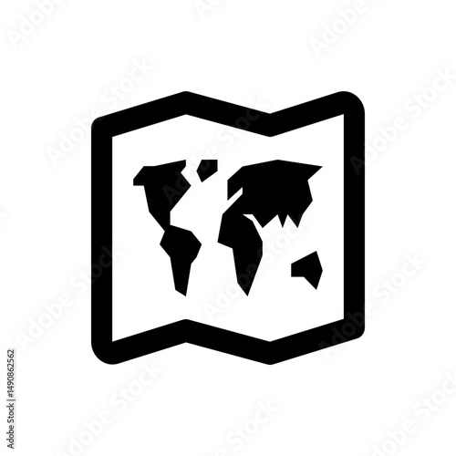 Black and white illustration of a folded map depicting continents and geographical features clearly visible