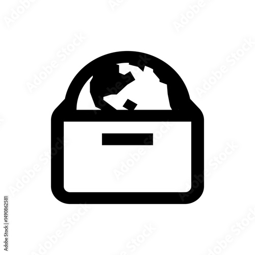 A black and white icon of a container filled with crumpled paper or trash with a handle on the top side