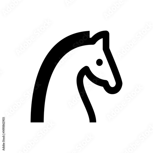 Stylized black and white illustration of a horse head with a simple eye and flowing mane design art