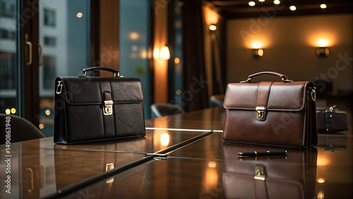 A vintage brown leather suitcase, an old travel accessory with a handle and lock, suggests a journey whether at an airport or in a hotel