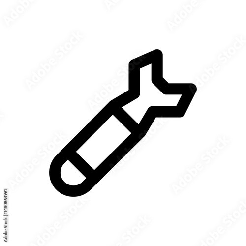 Illustration of a stylized black bomb with fins and a rounded tip on a white background in outline style