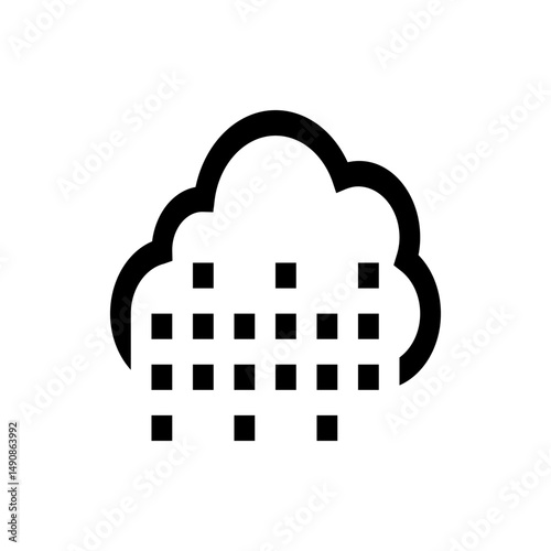 Illustration of a cloud with square raindrops falling in a grid pattern, depicted in black and white style