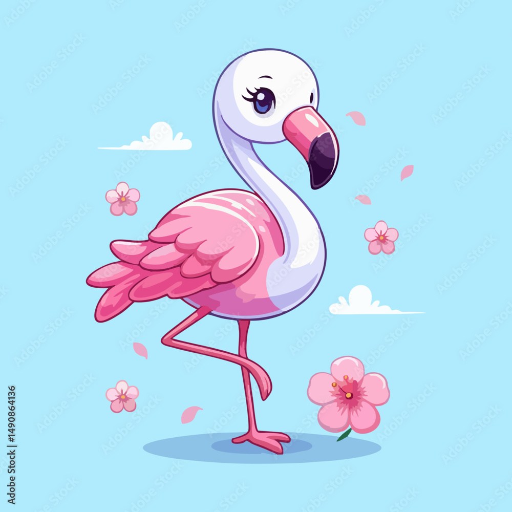 Fototapeta premium Flamingo vector, pink romantic bird couple, tropical cartoon animal flat illustration for seamless nursery wallpaper, kids room summer background, wildlife art print for beach decor and poster