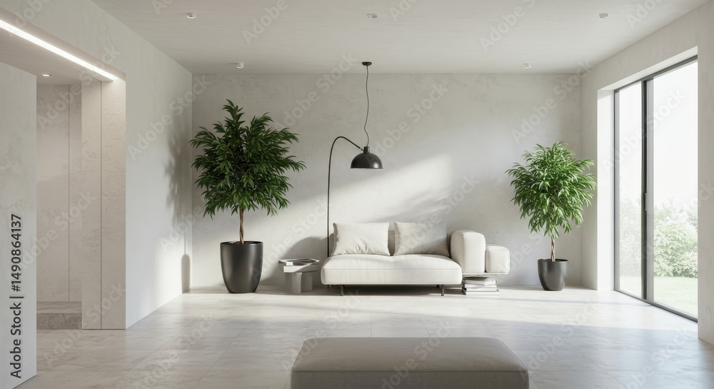 Fototapeta premium Modern Minimalist Living Room Design with Potted Plants - Clean lines, natural light, and minimalist furniture create a serene and stylish living space. The potted plants add a touch of nature