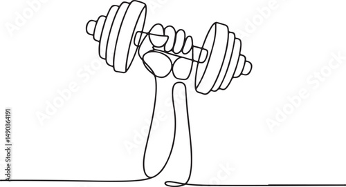 One line drawing of a hand gripping a dumbbell mid-lift with curved motion lines, minimalist gym power and strength illustration


