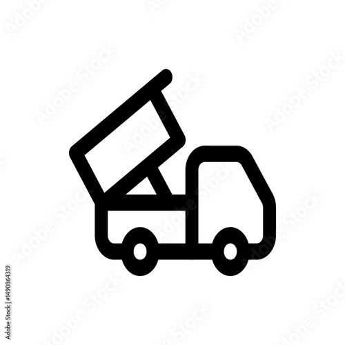 Illustration of a black and white dump truck with the truck bed raised on a white background design element