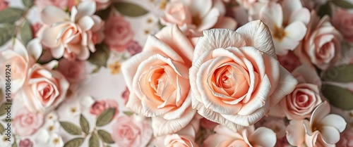 Two pale beige roses on a soft floral background, high-key lighting, image, floral design