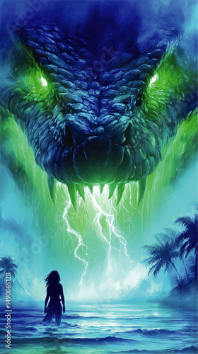 Epic Fantasy Vector Illustration of Giant Mythical Dragon with Glowing Green Eyes Emerging from Stormy Sky Above Woman and Tropical Island in Electrified Ocean Waters