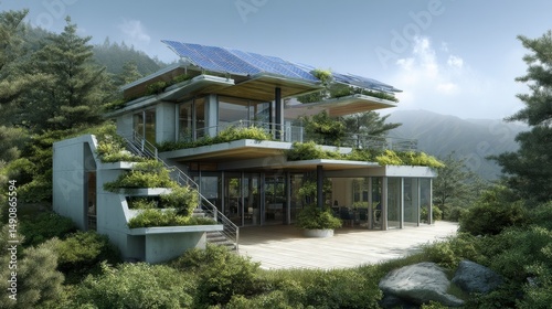 Eco friendly modern house in lush mountain landscape