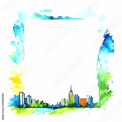 abstract watercolor picture frame pattern with city skyline and white area for insertion