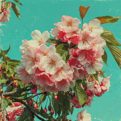Japanese retro graphic of cherry blossoms, grainy texture, vintage feel and colour