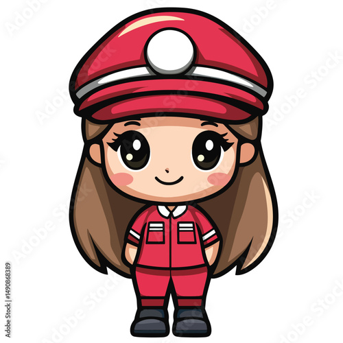 Adorable Anime Girl in Red Uniform and Cap