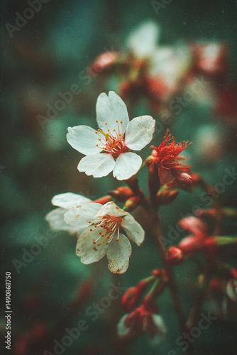 Japanese retro graphic of cherry blossoms, grainy texture, vintage feel and colour