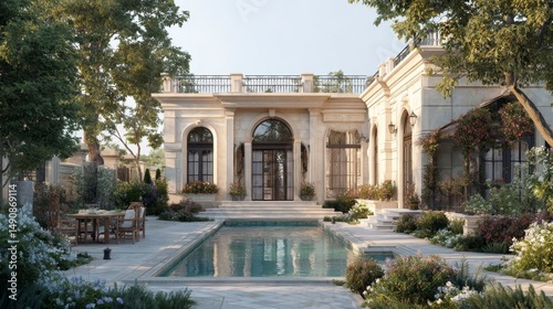 Elegant mansion backyard with pool