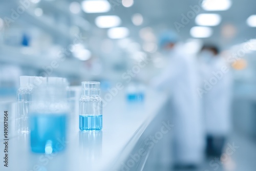 bright well-lit pharmaceutical laboratory with advanced equipment lab technicians working in white coats blur in background