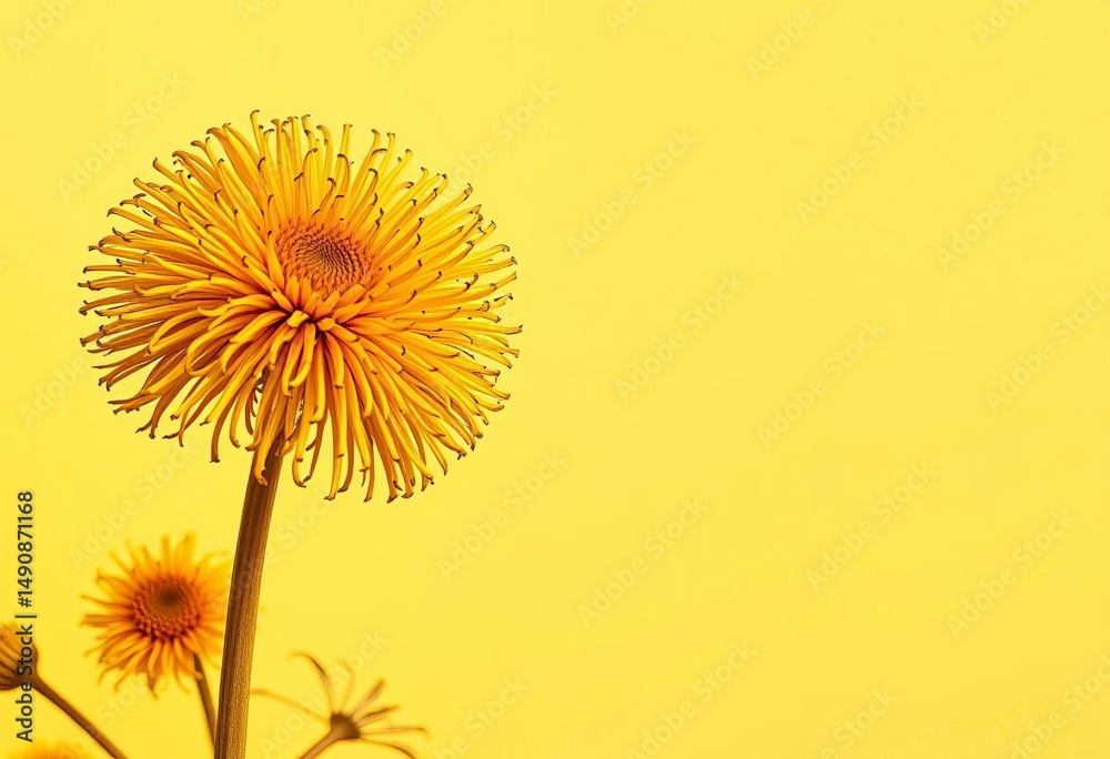 Obraz premium Sunburst-like dried craspedia globosa, vibrant yellow, beige background, dry flower arrangement, yellow