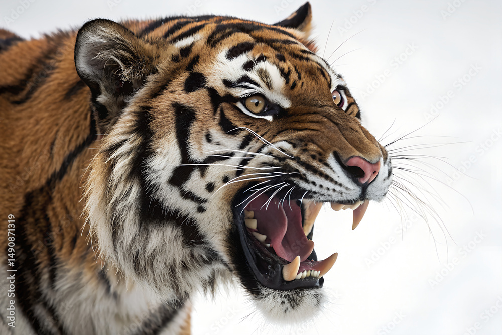 Fototapeta premium Majestic Tiger Roaring, Powerful Fangs, Isolated on White Background