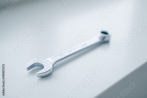lone wrench lying on spotless white workbench with ample copy space surrounding it