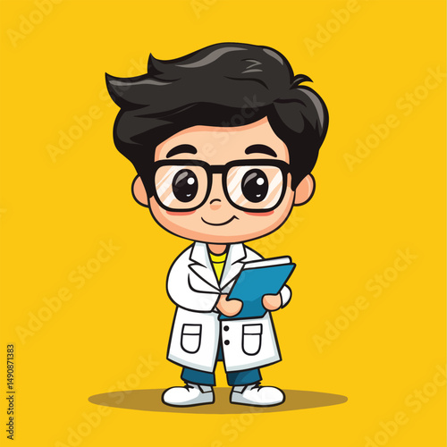 Adorable Cartoon Boy Scientist Holding Notebook