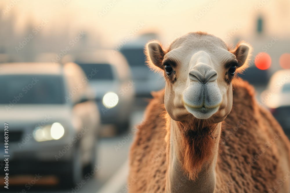 Obraz premium Camel standing on a busy road with blurry traffic background at sunset, humorous animal encounter scene