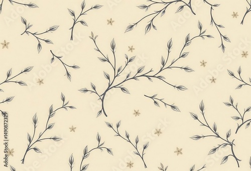 Subtle beige grey vintage floral branch and leaf seamless pattern on fabric wallpaper, tone, organic