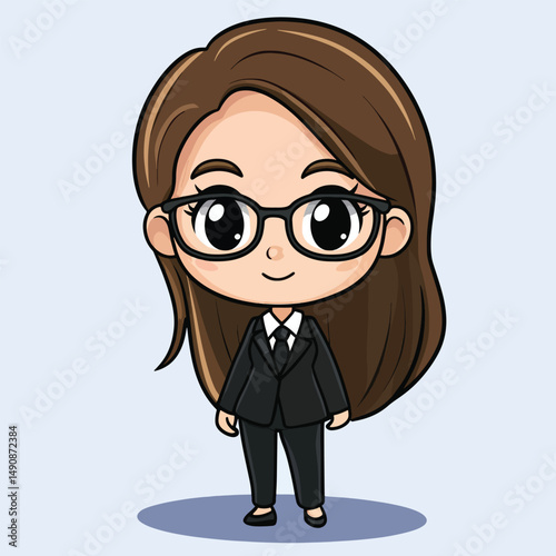 Adorable Cartoon Businesswoman with Glasses and Professional Attire