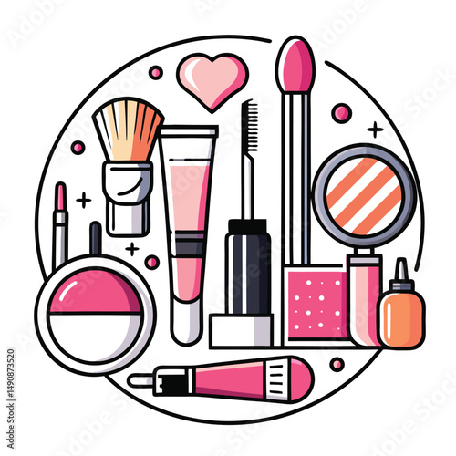A line drawing of various makeup products and brushes in a holder.
