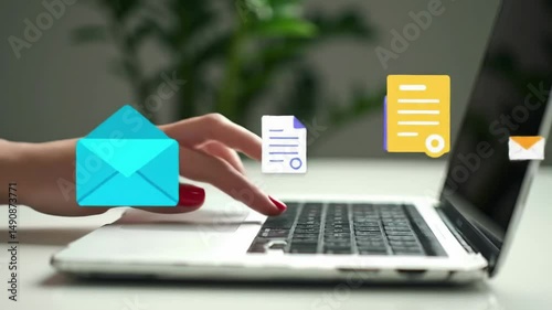 Woman s hands on laptop floating document icons suggest digital workflow automation