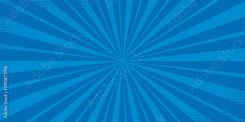 Blue comic sunburst effect background with halftone. Pop art comic-style vector background. Suitable for templates, sale banners, events, ads, web and pages