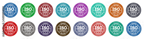 International Organization for Standardization stamp set: 9001, 14001, 3166, 2001, 13485, 18001, 22000, 26000, 27001, 31000, 45001, 50001. Set of popular ISO standards