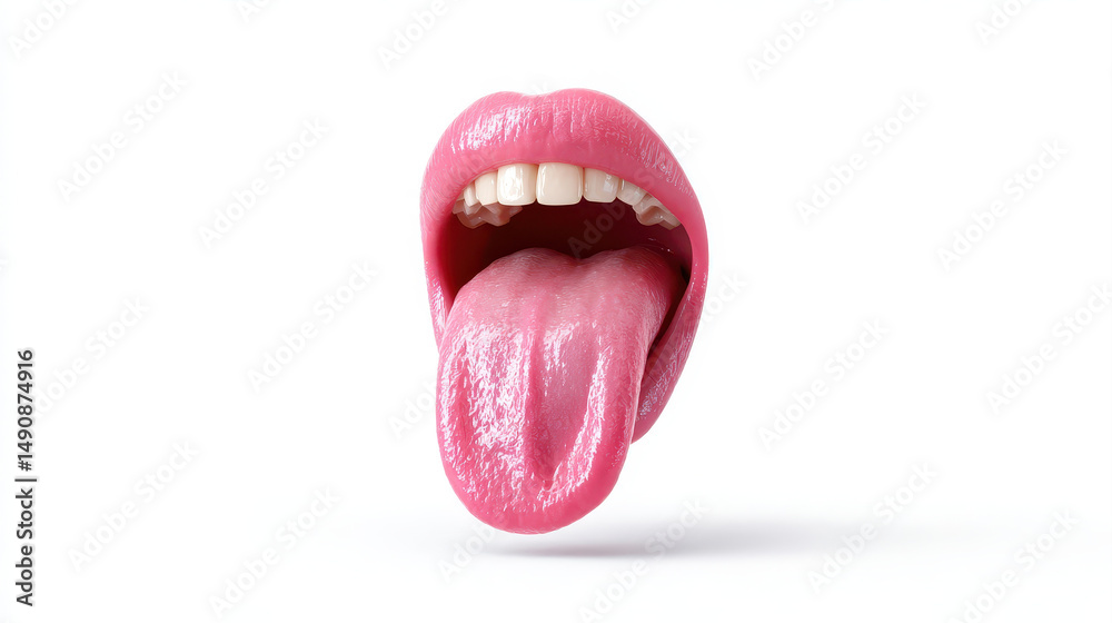 Naklejka premium Vibrant, cartoonish mouth with bright pink lips and long, protruding tongue creates playful and whimsical expression. This fun design captures attention and evokes sense of humor