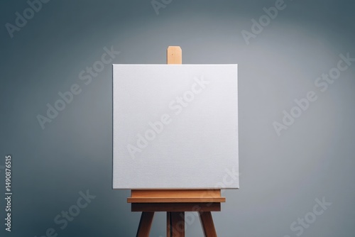curate minimalistic photo of single blank canvas resting on small wooden easel in empty art gallery space