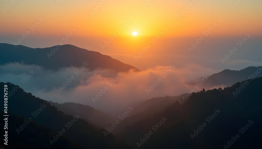 Obraz premium Serene Sunset Glow Through Thick Evening Fog in Mountain Landscape