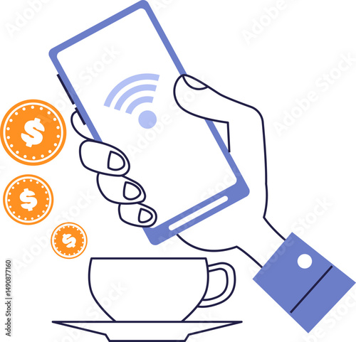 Mobile phone contactless payment for coffee at cafe – digital wallet, NFC technology, wireless money transfer illustration.
