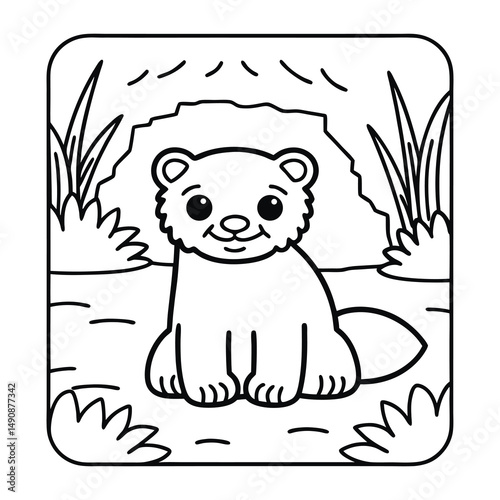 Cute Cartoon Beaver Illustration: A cheerful cartoon beaver sits in front of its home, it exudes an image of charm and nature. This illustration, perfect for children and nature enthusiasts.
