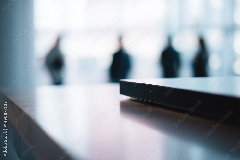 Naklejka premium minimalistic photo showcasing sleek modern electronics with people blurred in background creating dynamic and tech-centric
