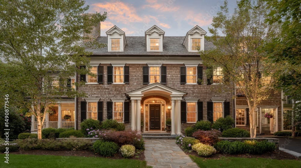Fototapeta premium Grand exterior home twilight landscaping