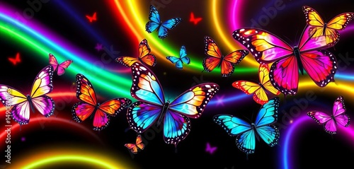 Vibrant multicolored butterflies flutter across a black neon rainbow seamless pattern, rainbow, modern