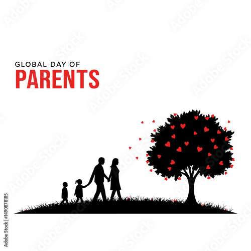 Global day of parents illustration with family silhouette and a heart filled tree in black and red
