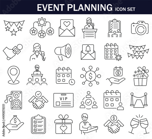 Event planning icon set . Icon Symbol, Event, Registration Form, Event Manager. Editable stroke. Vector illustration. EPS 10.