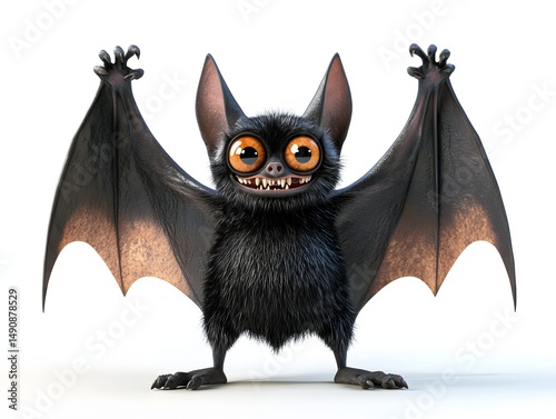 Cute Cartoon Bat with Big Orange Eyes and Fluffy Fur Isolated