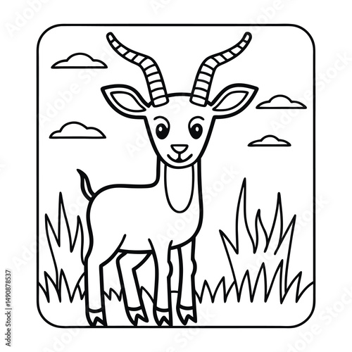 Adorable Gazelle Outline in a Landscape: Charming outline of a gazelle in a simplistic nature, with playful elements in a monochromatic illustration designed to captivate.