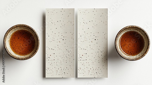 Two cards, speckled pattern, beside cups of tea